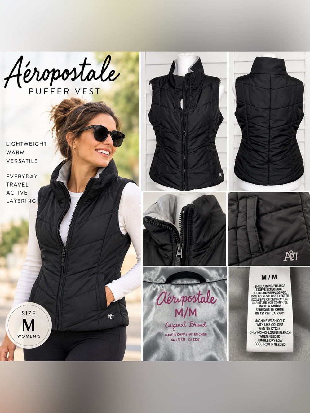 Aéropostale A87 Black Quilted Puffer Vest Women’s Size Medium